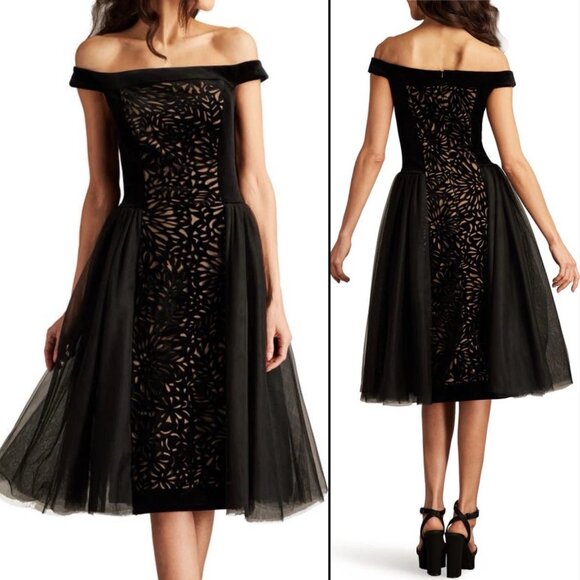 Tadashi Shoji Laser Cut Velvet Off the Shoulder Cocktail Dress Sz 12  orig $518 - Picture 6 of 6